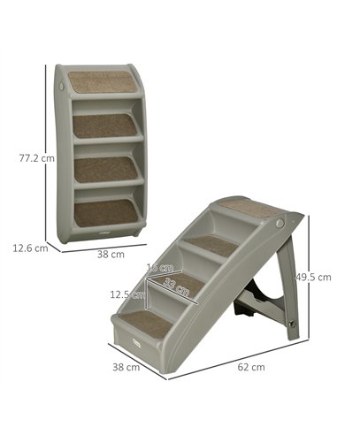 PawHut Foldable Four-Step Pet Stairs, for Cats, Small Miniature Dogs, with Non-Slip Mats 62 x 38 x 49.5cm - Grey