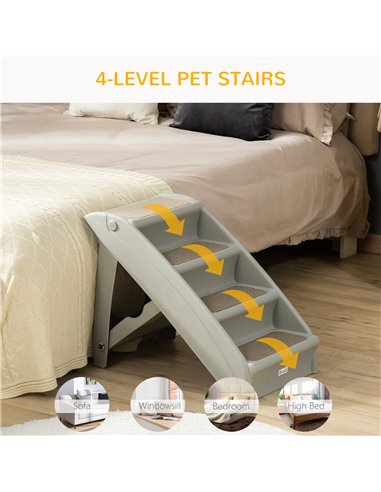 PawHut Foldable Four-Step Pet Stairs, for Cats, Small Miniature Dogs, with Non-Slip Mats 62 x 38 x 49.5cm - Grey