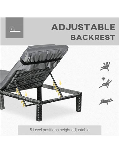 Outsunny Garden Outdoor Rattan Furniture Patio Sun Lounger Recliner Reclining Chair Bed Fire Resistant Sponge, Grey