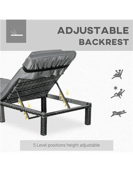 Outsunny Garden Outdoor Rattan Furniture Patio Sun Lounger Recliner Reclining Chair Bed Fire Resistant Sponge, Grey - pic 14599 | FastDaddyshop