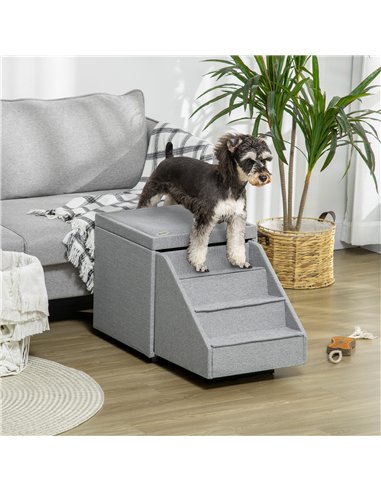 PawHut 2 in 1 Dog Steps Ottoman, Four-Tier Pet Stairs, for Small, Medium Dogs and Cats, with Storage Compartment - Grey