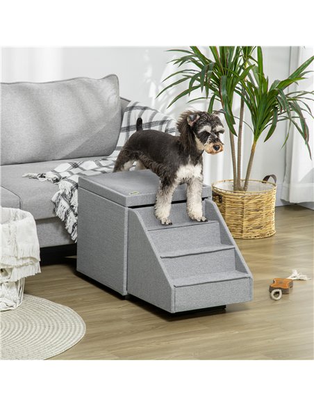 PawHut 2 in 1 Dog Steps Ottoman, Four-Tier Pet Stairs, for Small, Medium Dogs and Cats, with Storage Compartment - Grey - pic 145992 | FastDaddyshop