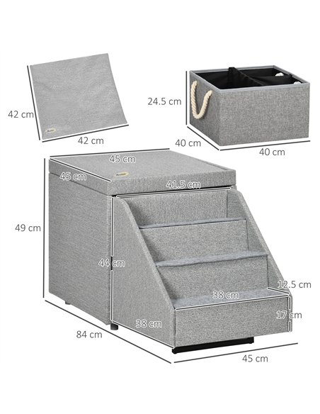 PawHut 2 in 1 Dog Steps Ottoman, Four-Tier Pet Stairs, for Small, Medium Dogs and Cats, with Storage Compartment - Grey - pic 145993 | FastDaddyshop