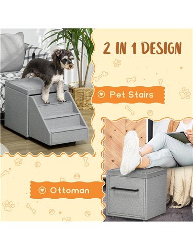 PawHut 2 in 1 Dog Steps Ottoman, Four-Tier Pet Stairs, for Small, Medium Dogs and Cats, with Storage Compartment - Grey