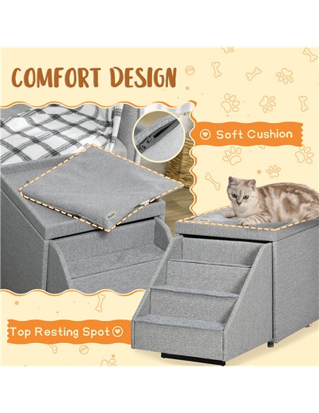 PawHut 2 in 1 Dog Steps Ottoman, Four-Tier Pet Stairs, for Small, Medium Dogs and Cats, with Storage Compartment - Grey - pic 145997 | FastDaddyshop