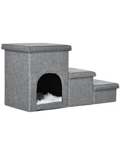 PawHut Dog Steps 3-step Pet Stairs with Kitten House and 2 Storage Boxes, 3 in 1 Dog Ramp for Sofa with Washable Plush Cushion