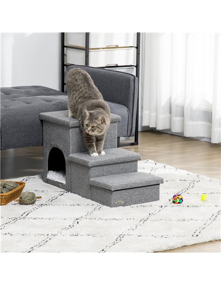 PawHut Dog Steps 3-step Pet Stairs with Kitten House and 2 Storage Boxes, 3 in 1 Dog Ramp for Sofa with Washable Plush Cushion - pic 146001 | FastDaddyshop