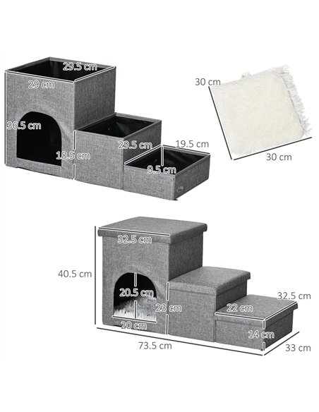 PawHut Dog Steps 3-step Pet Stairs with Kitten House and 2 Storage Boxes, 3 in 1 Dog Ramp for Sofa with Washable Plush Cushion - pic 146002 | FastDaddyshop