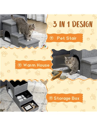 PawHut Dog Steps 3-step Pet Stairs with Kitten House and 2 Storage Boxes, 3 in 1 Dog Ramp for Sofa with Washable Plush Cushion