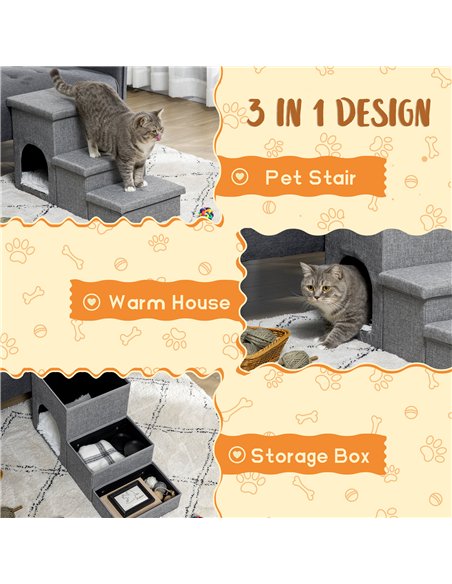 PawHut Dog Steps 3-step Pet Stairs with Kitten House and 2 Storage Boxes, 3 in 1 Dog Ramp for Sofa with Washable Plush Cushion - pic 146004 | FastDaddyshop