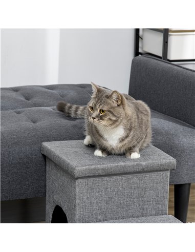 PawHut Dog Steps 3-step Pet Stairs with Kitten House and 2 Storage Boxes, 3 in 1 Dog Ramp for Sofa with Washable Plush Cushion