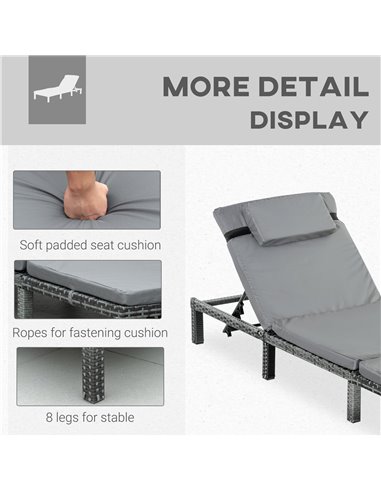 Outsunny Garden Outdoor Rattan Furniture Patio Sun Lounger Recliner Reclining Chair Bed Fire Resistant Sponge, Grey