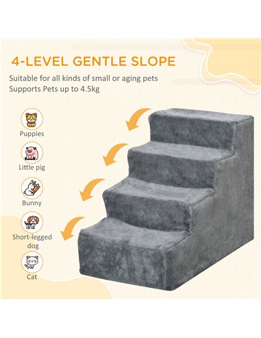 PawHut Four-Step Dog Stairs, with Washable Plush Cover, for High Bed Sofa, Dog Stairs for Small Dog and Cat - Light Grey