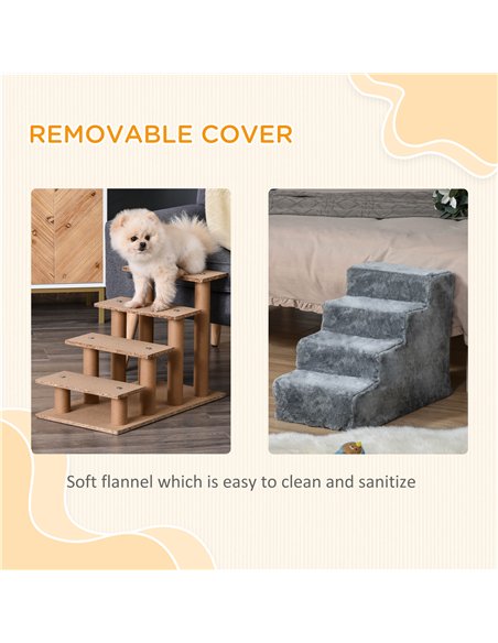 PawHut Four-Step Dog Stairs, with Washable Plush Cover, for High Bed Sofa, Dog Stairs for Small Dog and Cat - Light Grey - pic 146031 | FastDaddyshop