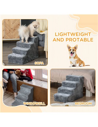 PawHut Four-Step Dog Stairs, with Washable Plush Cover, for High Bed Sofa, Dog Stairs for Small Dog and Cat - Light Grey