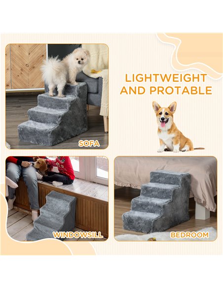 PawHut Four-Step Dog Stairs, with Washable Plush Cover, for High Bed Sofa, Dog Stairs for Small Dog and Cat - Light Grey - pic 146033 | FastDaddyshop