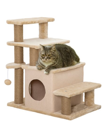 PawHut Adjustable Cat Steps, with House & Hanging Toy Ball - Beige - pic 146072 | FastDaddyshop