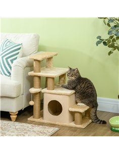 PawHut Adjustable Cat Steps, with House & Hanging Toy Ball - Beige 2