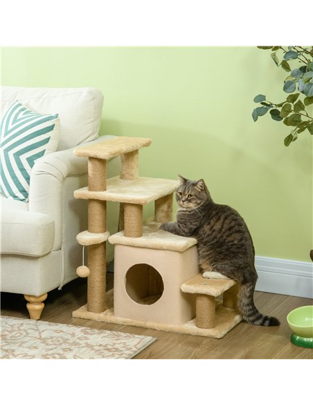 PawHut Adjustable Cat Steps, with House & Hanging Toy Ball - Beige - pic 146073 | FastDaddyshop