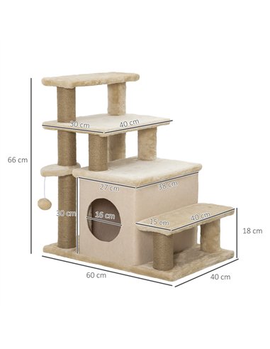 PawHut Adjustable Cat Steps, with House & Hanging Toy Ball - Beige