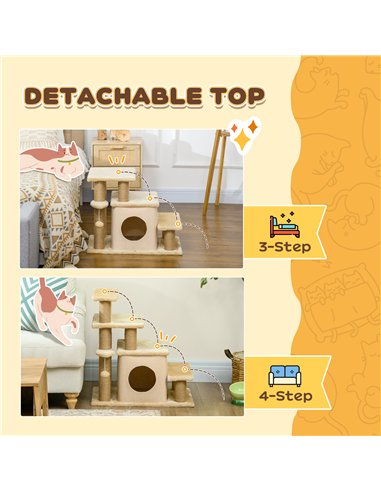 PawHut Adjustable Cat Steps, with House & Hanging Toy Ball - Beige