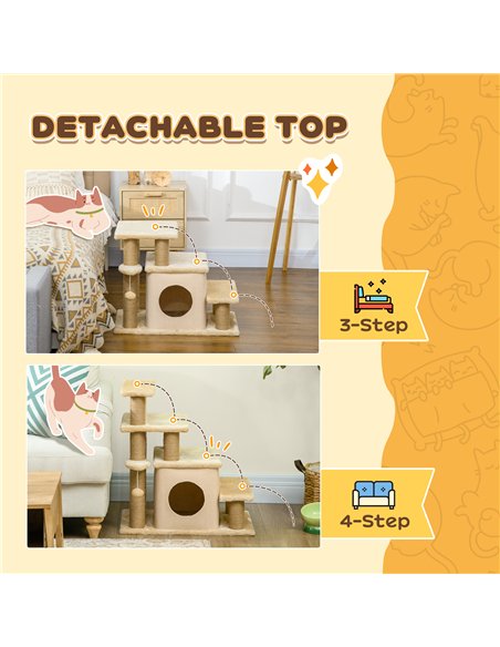 PawHut Adjustable Cat Steps, with House & Hanging Toy Ball - Beige - pic 146075 | FastDaddyshop