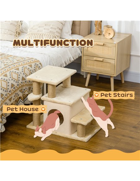 PawHut Adjustable Cat Steps, with House & Hanging Toy Ball - Beige - pic 146076 | FastDaddyshop