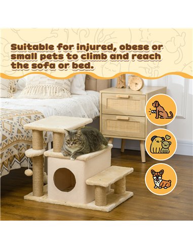 PawHut Adjustable Cat Steps, with House & Hanging Toy Ball - Beige