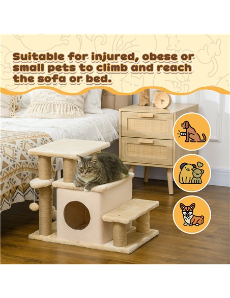PawHut Adjustable Cat Steps, with House & Hanging Toy Ball - Beige - pic 146078 | FastDaddyshop