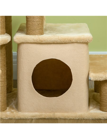 PawHut Adjustable Cat Steps, with House & Hanging Toy Ball - Beige - pic 146080 | FastDaddyshop