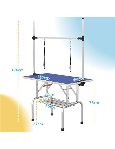 PawHut 42" Dog Grooming Table, Adjustable Pet Cat Drying Beauty Table with 2 Loops Storage Basket, Rubber Top, Blue - pic 146164 | FastDaddyshop
