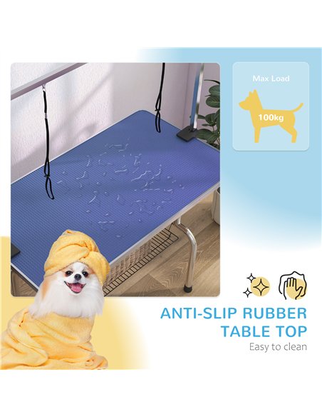 PawHut 42" Dog Grooming Table, Adjustable Pet Cat Drying Beauty Table with 2 Loops Storage Basket, Rubber Top, Blue - pic 146166 | FastDaddyshop