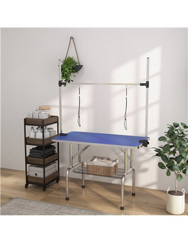 PawHut 42" Dog Grooming Table, Adjustable Pet Cat Drying Beauty Table with 2 Loops Storage Basket, Rubber Top, Blue