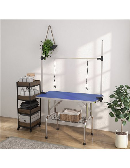 PawHut 42" Dog Grooming Table, Adjustable Pet Cat Drying Beauty Table with 2 Loops Storage Basket, Rubber Top, Blue - pic 146170 | FastDaddyshop
