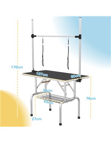 PawHut 42" Dog Grooming Table, Adjustable Pet Cat Drying Beauty Table with 2 Loops Storage Basket, Rubber Top, Black