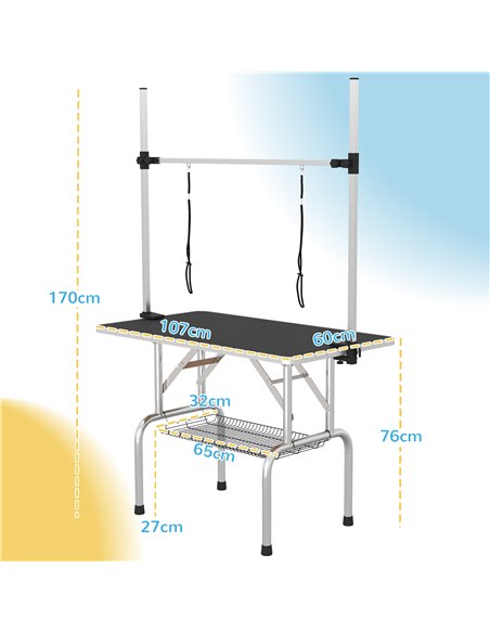 PawHut 42" Dog Grooming Table, Adjustable Pet Cat Drying Beauty Table with 2 Loops Storage Basket, Rubber Top, Black - pic 146173 | FastDaddyshop