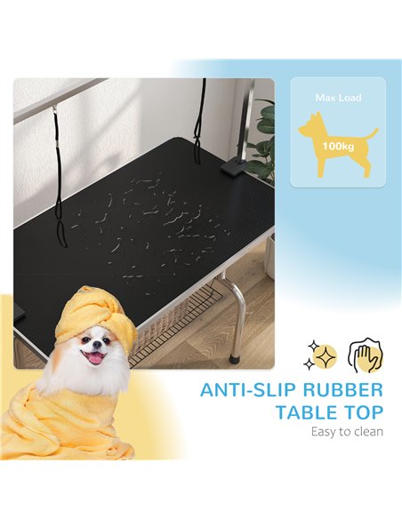 PawHut 42" Dog Grooming Table, Adjustable Pet Cat Drying Beauty Table with 2 Loops Storage Basket, Rubber Top, Black - pic 146175 | FastDaddyshop