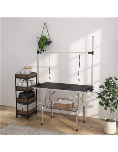 PawHut 42" Dog Grooming Table, Adjustable Pet Cat Drying Beauty Table with 2 Loops Storage Basket, Rubber Top, Black