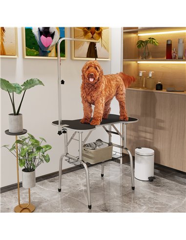 PawHut Foldable Dog Grooming Table Pet Drying Table with Adjustable Arm Non-Slip Rubber Tabletop Aluminium Alloy Edge Stainless 