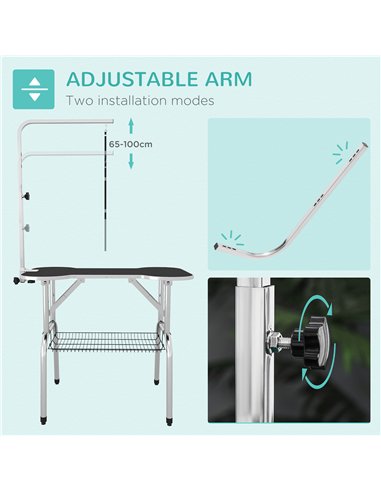 PawHut Foldable Dog Grooming Table Pet Drying Table with Adjustable Arm Non-Slip Rubber Tabletop Aluminium Alloy Edge Stainless 