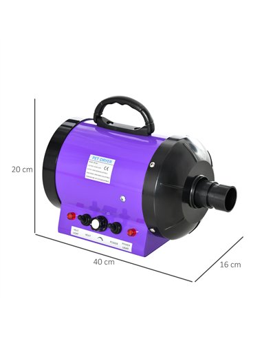 PawHut Dog Hair Dryer Pet Grooming Blaster Dryer Blower Adjustable Temperature Speed with 2.1M Flexible Hose 3 Nozzles - Purple