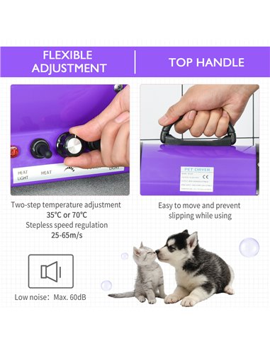 PawHut Dog Hair Dryer Pet Grooming Blaster Dryer Blower Adjustable Temperature Speed with 2.1M Flexible Hose 3 Nozzles - Purple