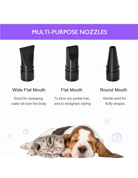 PawHut Dog Hair Dryer Pet Grooming Blaster Dryer Blower Adjustable Temperature Speed with 2.1M Flexible Hose 3 Nozzles - Purple - pic 146238 | FastDaddyshop