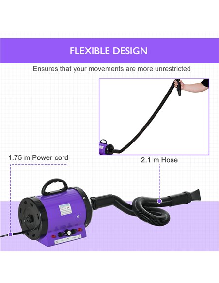 PawHut Dog Hair Dryer Pet Grooming Blaster Dryer Blower Adjustable Temperature Speed with 2.1M Flexible Hose 3 Nozzles - Purple - pic 146240 | FastDaddyshop