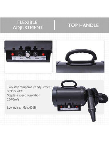 PawHut Dog Hair Dryer Pet Grooming Blaster Dryer Blower Adjustable Temperature Speed with 2.1M Flexible Hose 3 Nozzles - Black