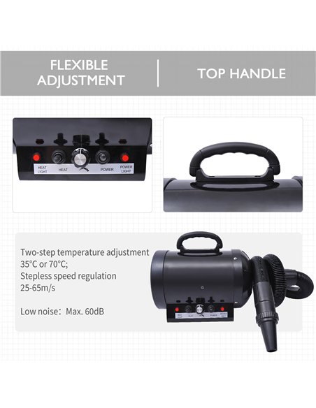 PawHut Dog Hair Dryer Pet Grooming Blaster Dryer Blower Adjustable Temperature Speed with 2.1M Flexible Hose 3 Nozzles - Black - pic 146246 | FastDaddyshop