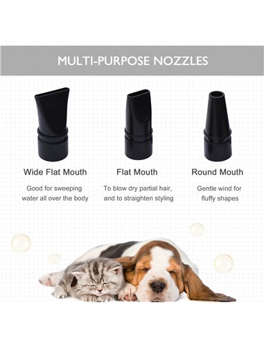 PawHut Dog Hair Dryer Pet Grooming Blaster Dryer Blower Adjustable Temperature Speed with 2.1M Flexible Hose 3 Nozzles - Black