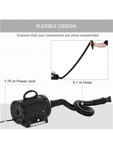 PawHut Dog Hair Dryer Pet Grooming Blaster Dryer Blower Adjustable Temperature Speed with 2.1M Flexible Hose 3 Nozzles - Black