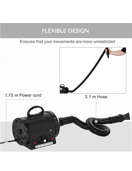 PawHut Dog Hair Dryer Pet Grooming Blaster Dryer Blower Adjustable Temperature Speed with 2.1M Flexible Hose 3 Nozzles - Black - pic 146249 | FastDaddyshop