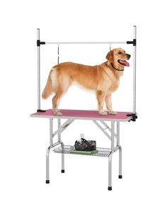 PawHut 42" Dog Grooming Table, Adjustable Pet Cat Drying Beauty Table with 2 Loops Storage Basket, Rubber Top, Pink